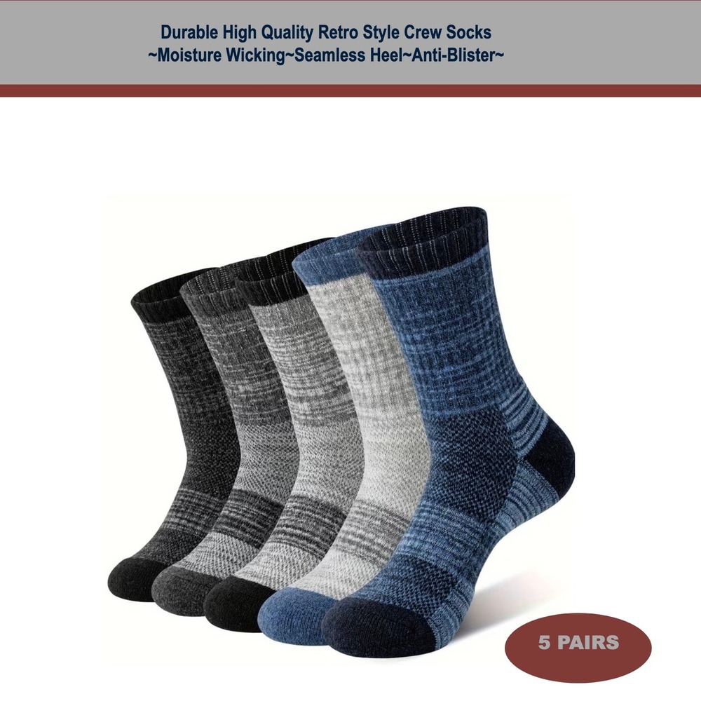 Durable High Quality Retro Style Socks LARGE Black Gray Anti-Slip Elastic 5 Pair